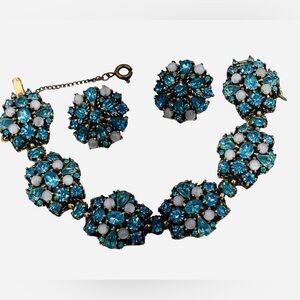 Vintage 1950 Hollycraft Aqua Rhinestone Bracelet Earring Demi Set